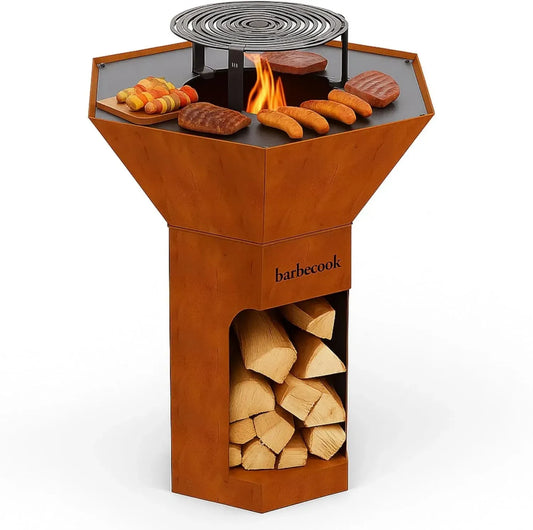 Brasero Barbecook Nestor avec Plancha et Grille en Acier Corten, 92x92x120cm