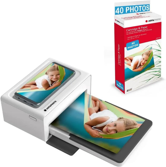 Imprimante Photo AgfaPhoto Realipix Moments avec Cartouches et Papier 40 Photos – Impression Bluetooth 10x15 cm pour Smartphone – Sublimation 4Pass - Blanche