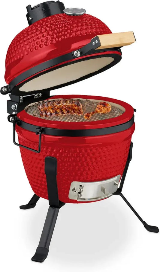 Gril Kamado en Céramique avec Thermomètre, Ø 26 cm, BBQ et Fumoir, Rouge
