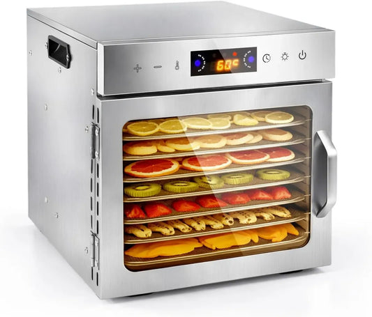 Déshydrateur en Inox 8 Plateaux pour Aliments, Température Ajustable 35-90°C, Minuterie 24H, Recettes Offertes