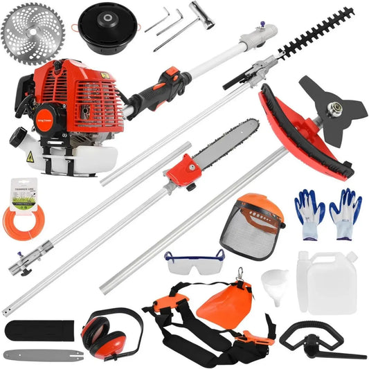 Outil de Jardin Multifonction 5 en 1 à Essence 52 cc: Taille-haie, Débroussailleuse, Tronçonneuse, Élagueuse avec Perche d'Extension - Rouge