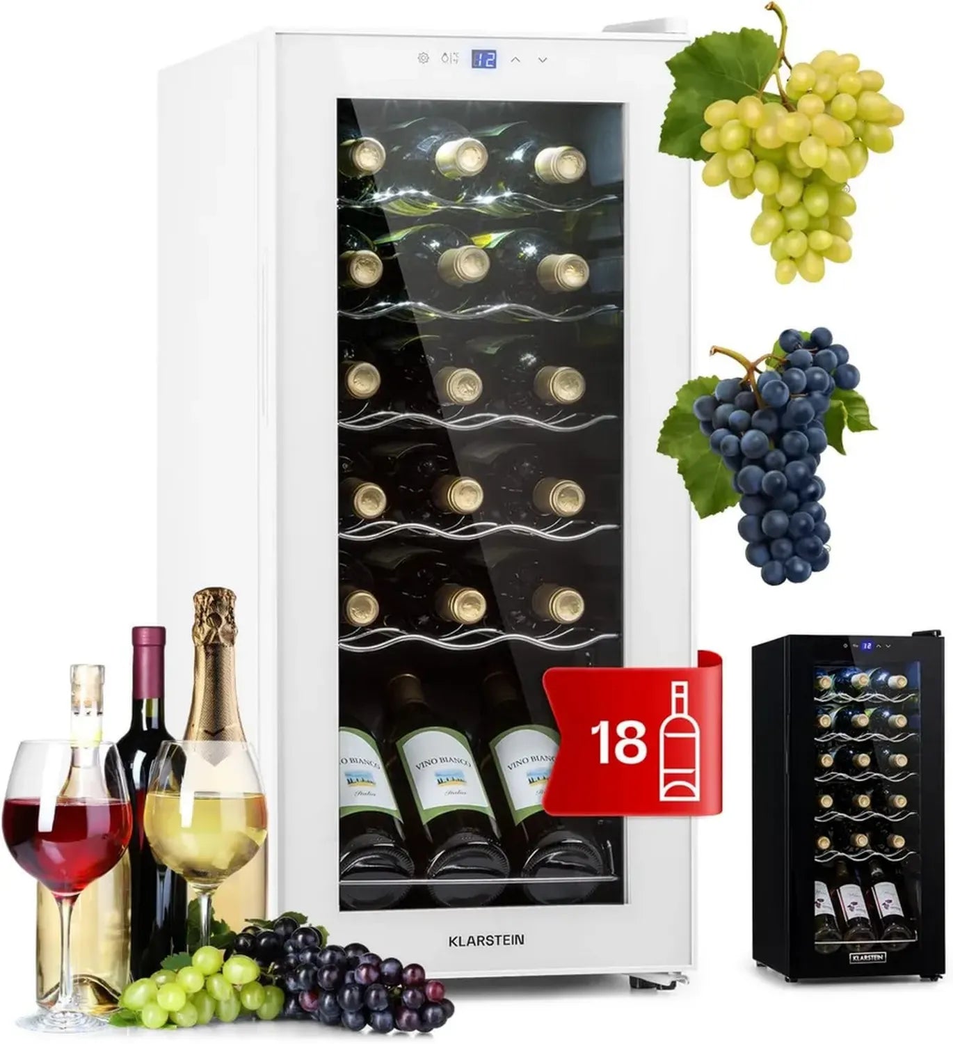 Klarstein Shiraz Cave à Vin, Réfrigérateur Mono-Zone, Idéal pour Vieillissement de Vin, Prosecco et Bière, Écran Tactile, Parfait pour Bar, Étagères Inclinées, Température 5-18°C, Capacité 18 Bouteilles