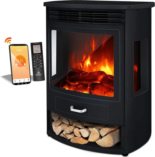 Cheminée Électrique Intelligente Kesser avec Télécommande et Effet Flamme LED, Chauffage 950/1900W, Noir