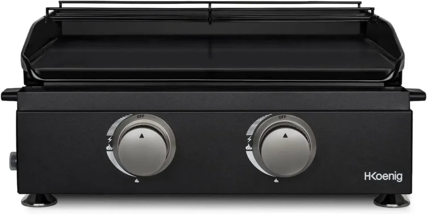 Plancha à Gaz 2 Brûleurs H.Koenig PLX1022, Acier Inoxydable, Plaque Fonte Émaillée, Compatible Propane et Butane, Chaleur Uniforme, Température Ajustable jusqu'à 350°C