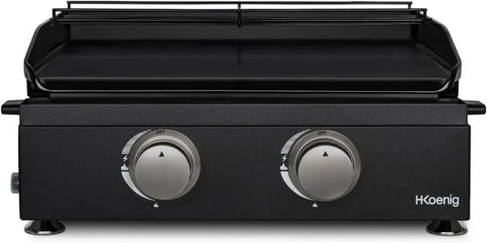 Plancha à Gaz 2 Brûleurs H.Koenig PLX1022, Acier Inoxydable, Plaque Fonte Émaillée, Compatible Propane et Butane, Chaleur Uniforme, Température Ajustable jusqu'à 350°C