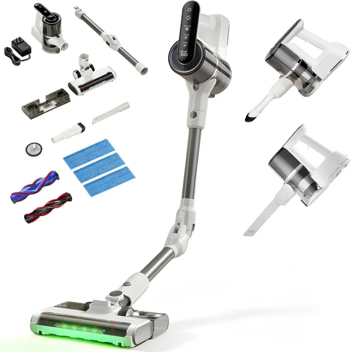Aspirateur Balai sans Fil 15kPa, Autonome, Tube Pliable, Lumière LED Verte, Filtration Anti-Allergène, Idéal pour Animaux, Tapis et Sols Durs