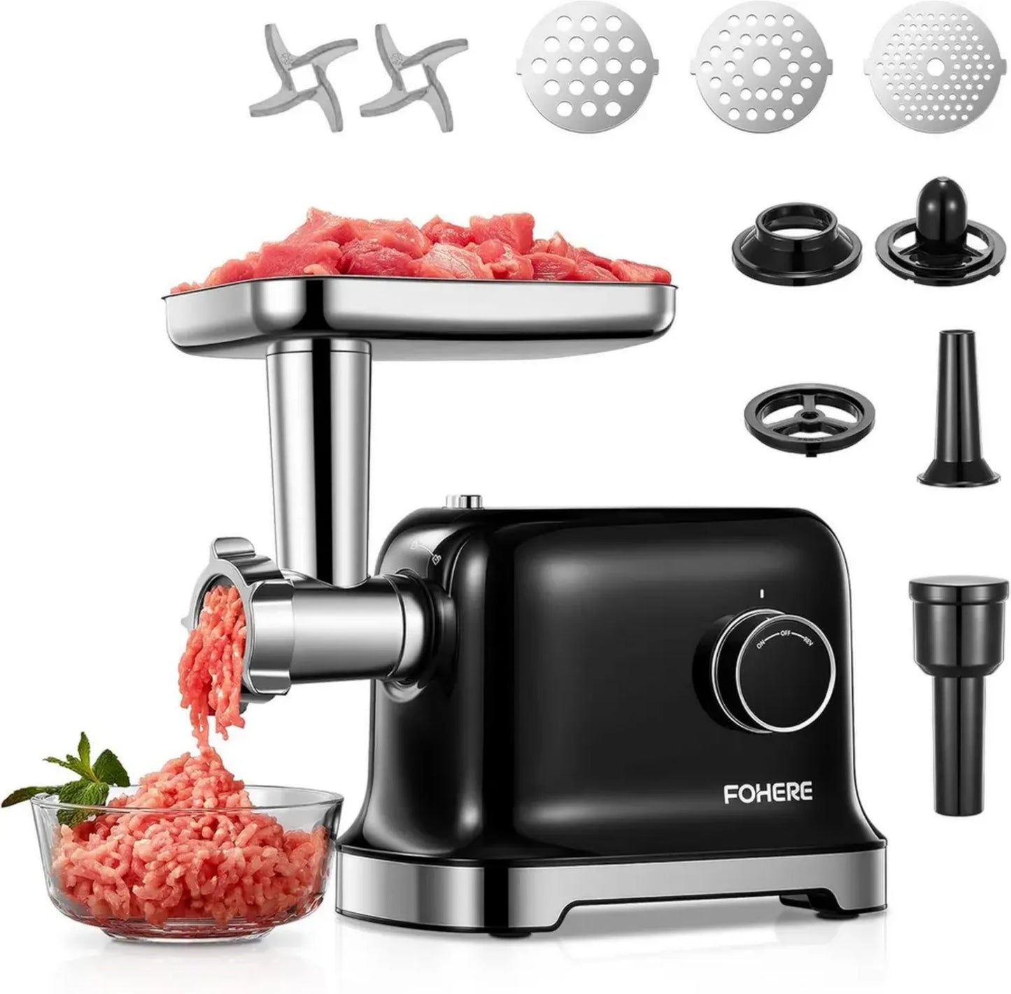 Hachoir à Viande Électrique FOHERE 2000W, Lames Double et Accessoires Saucisse, Noir