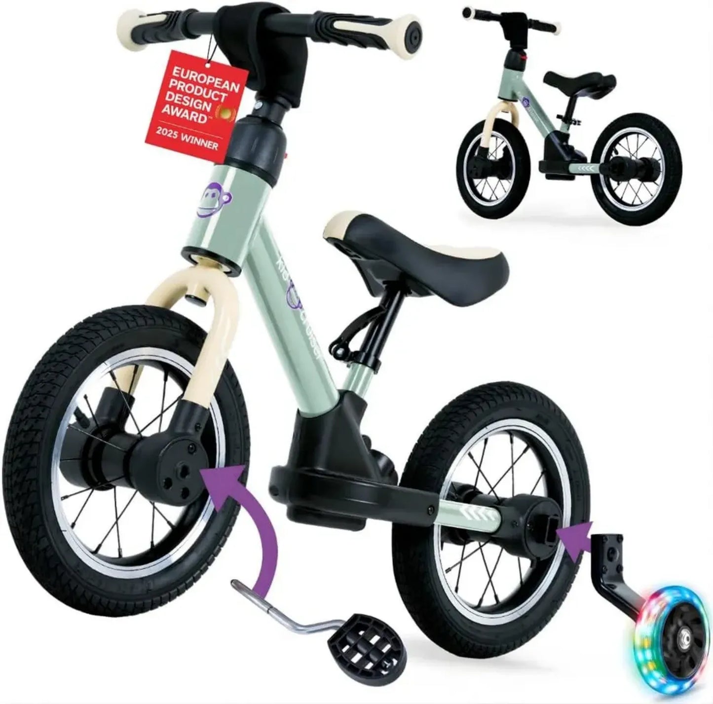 Vélo Évolutif Enfant 2 Ans, Draisienne 3 en 1 avec Roulettes et Pédales LED, Cadre Solide