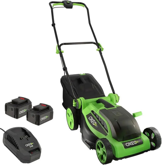 Tondeuse à gazon sans fil 18V avec largeur de coupe de 38 cm et hauteur réglable 25-65 mm, idéale pour 500 m² - Inclus 2 batteries 4Ah