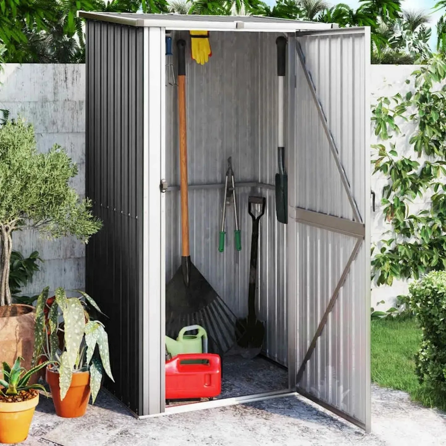 Cabane de Jardin en Acier Galvanisé Anthracite avec Toit Incliné et Porte Verrouillable