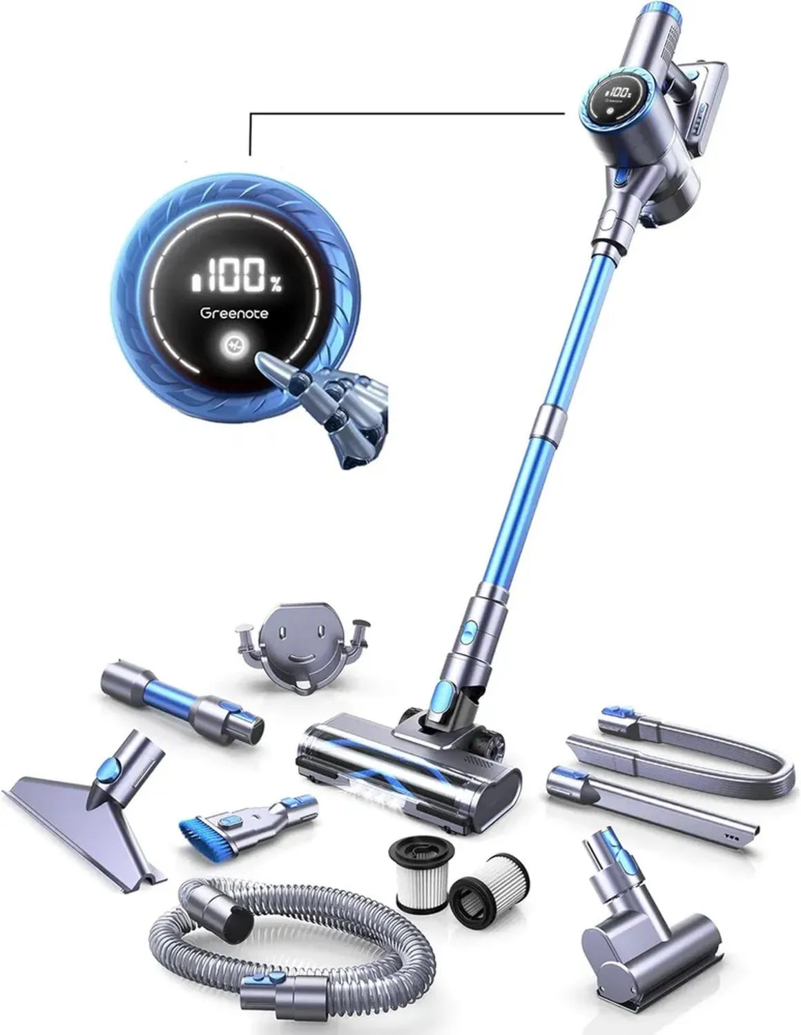 Aspirateur sans Fil Greenote GSC60, 480W Puissance, 33 kPa, 45 Min d'Autonomie, Ultra-Léger et Silencieux, Écran LED, 10-en-1 pour Poils d'Animaux