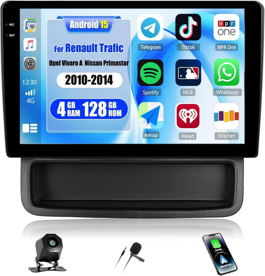 Autoradio Android 15 4+128G CAMECHO pour Renault, Opel Vivaro, Nissan Primate 2010-2014, 10 Pouces GPS avec Bluetooth, WiFi, Carplay, Android Auto, RDS FM + Caméra Recul
