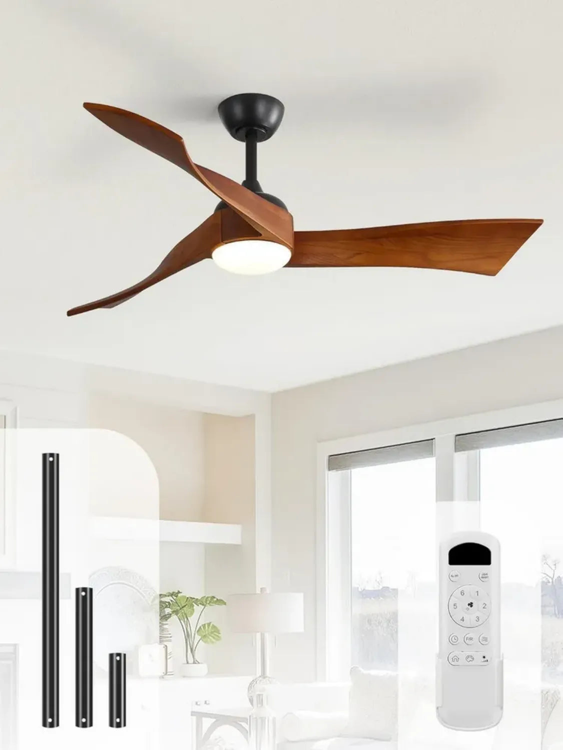 Ventilateur de Plafond Silencieux avec Lumière, 132 cm en Bois Massif, Télécommande Incluse, 6 Vitesses, DC Réversible, Minuterie