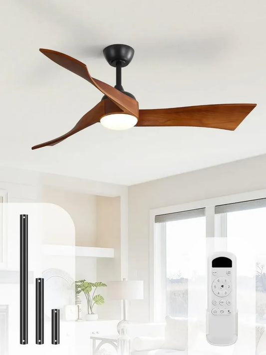 Ventilateur de Plafond Silencieux avec Lumière, 132 cm en Bois Massif, Télécommande Incluse, 6 Vitesses, DC Réversible, Minuterie