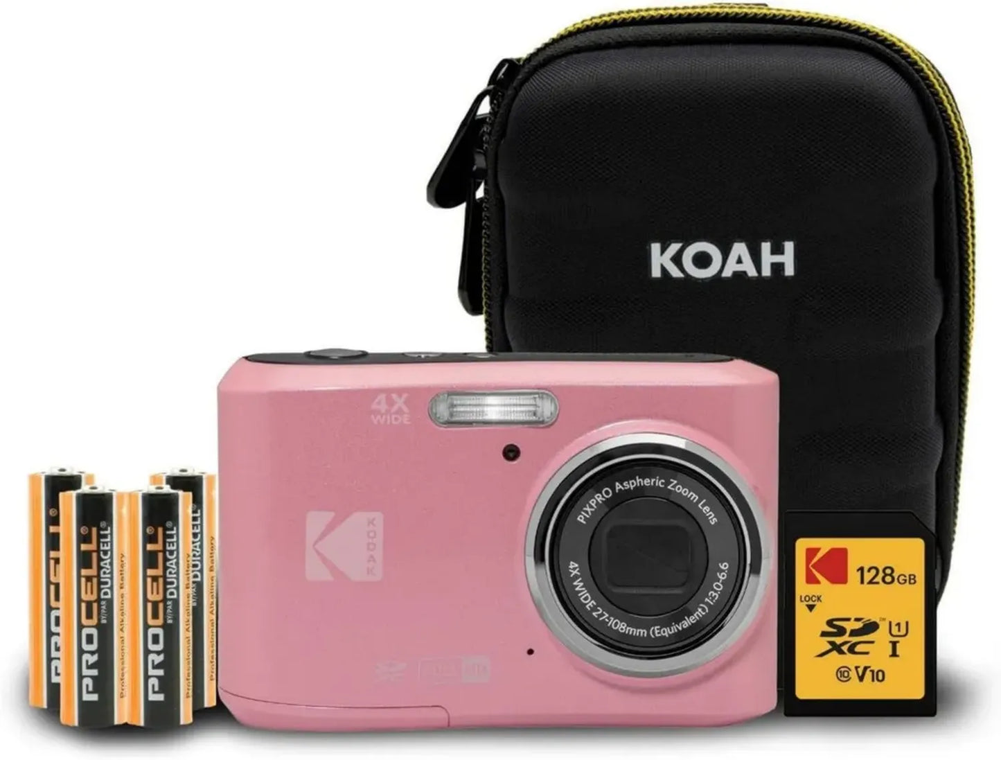 Appareil photo numérique Kodak PixPro FZ45 16 MP Full HD avec carte SD 128 Go, étui de transport et piles supplémentaires Rose pastel