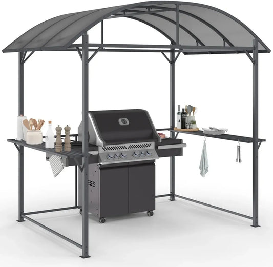 Abris Barbecue Métal Gris 240x150x220 cm avec Toit Polycarbonate et Étagères