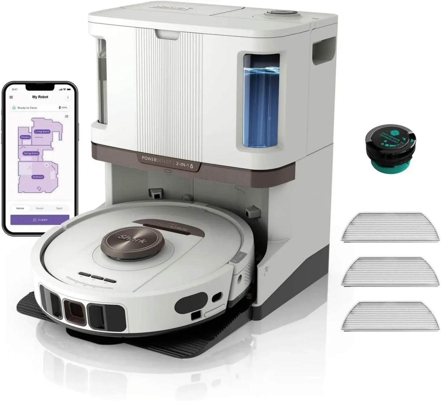 Aspirateur Robot Shark PowerDetect avec Base Autonettoyante - Navigation LiDAR 3D - Contrôle WiFi/App - Accessoires Antimicrobiens et Anti-odeurs