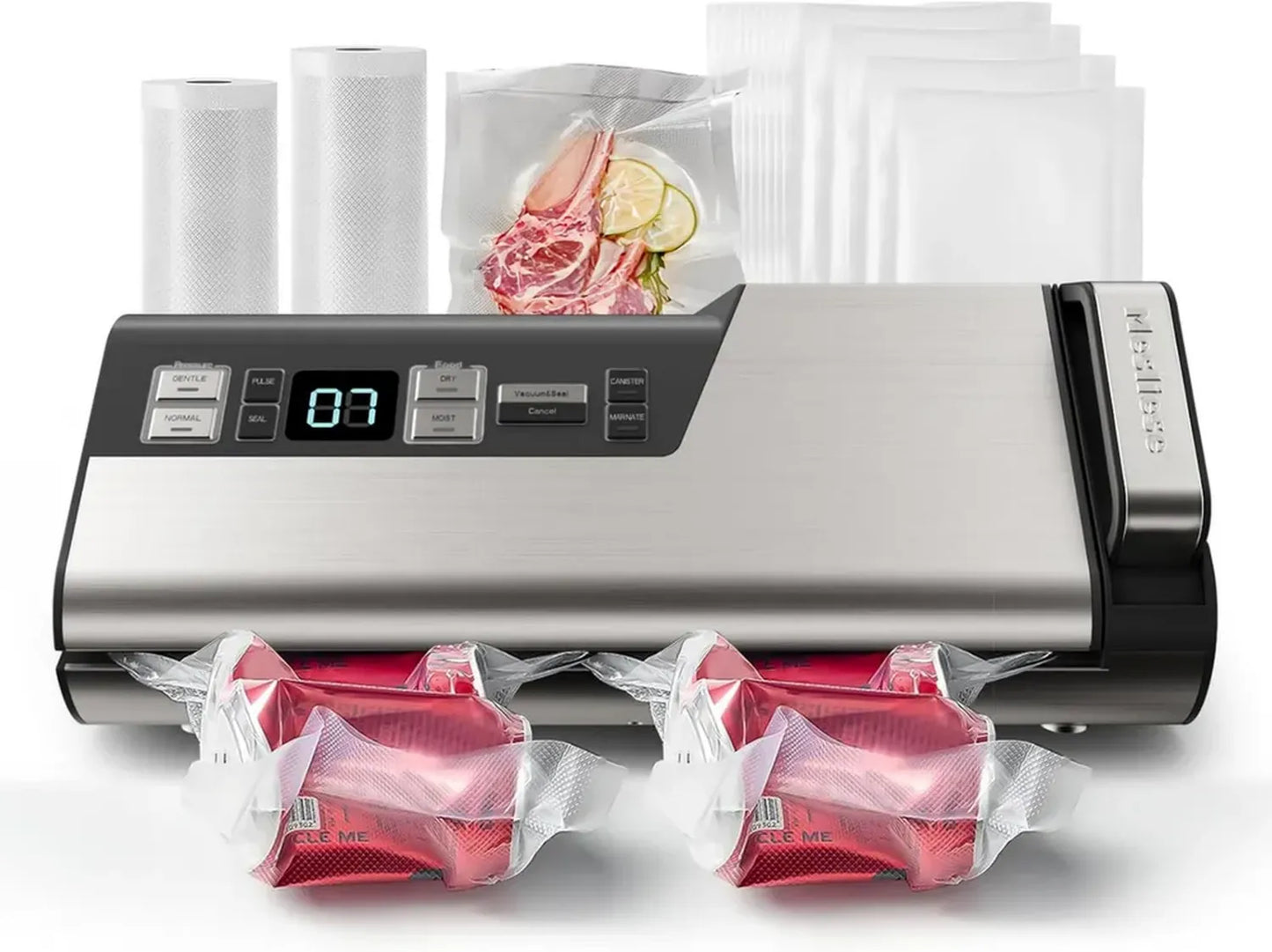 Appareil de mise sous vide Mesliese 95 kPa, 120 W, portatif avec double étanchéité et coupe intégrée, affichage du compte à rebours, 2 rouleaux de sacs, 5 sacs prédécoupés