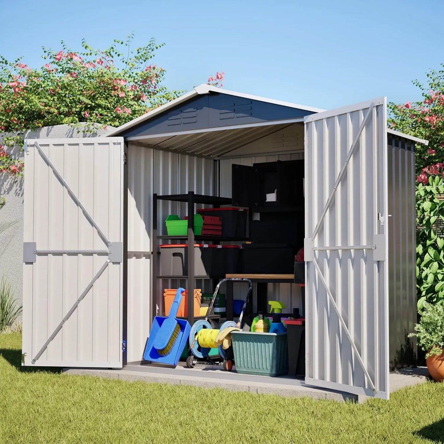 Cabanon de jardin métallique 185x142x185 cm - Porte pliante étanche - Rangement extérieur pour outils, gris