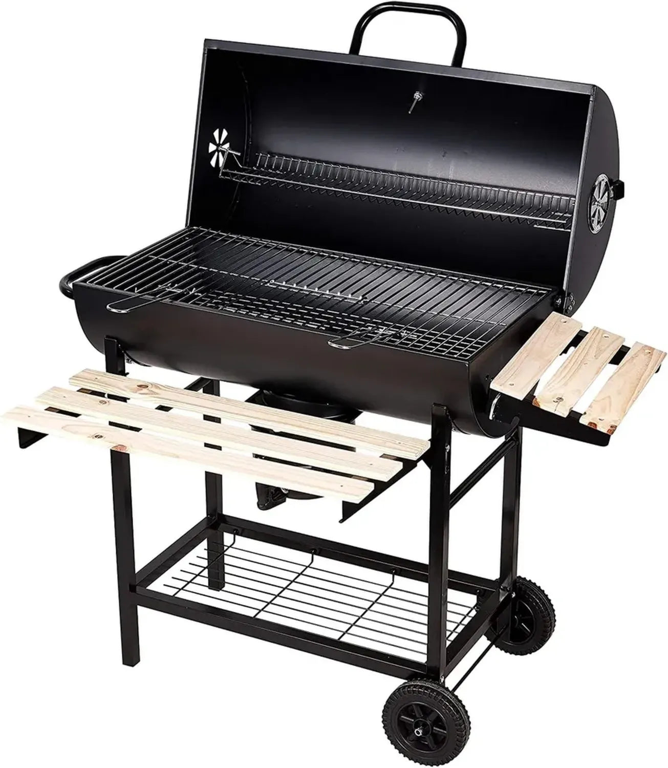 Grill à Charbon avec Tablettes en Bois pour Jardin, 101x70.5x94.5CM