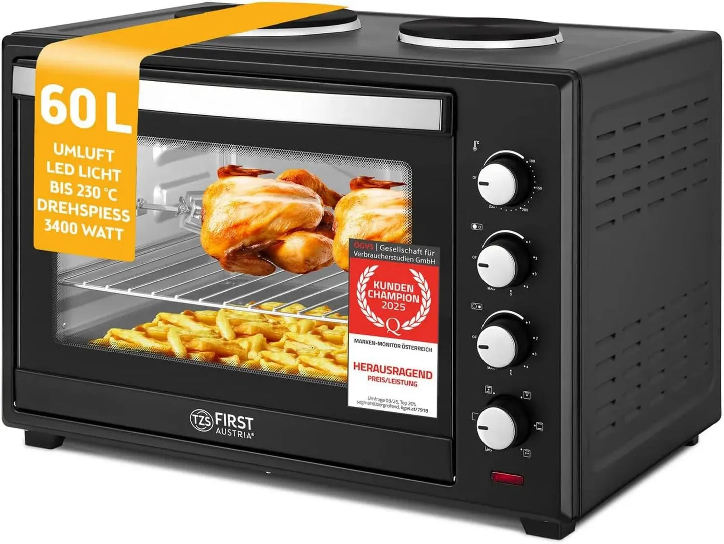 Mini-Four 60L 3200W avec Plaques de Cuisson - Multifonction avec 6 Modes de Chauffage et Accessoires