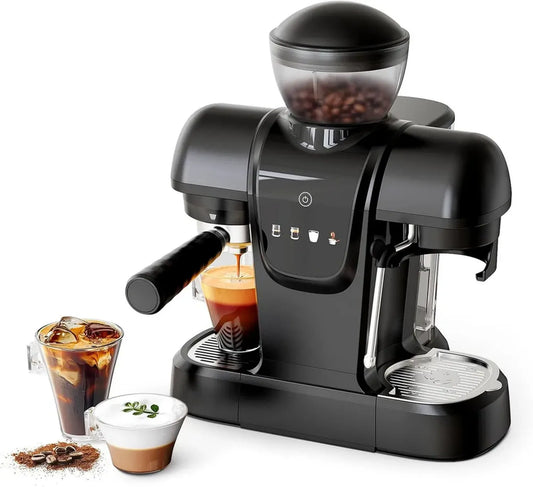 Machine à café expresso 19 bars avec broyeur de grains, cafetière 2-en-1 pour café moulu, cappuccino et latte, mousseur à lait, écran tactile, réservoir amovible (noire)