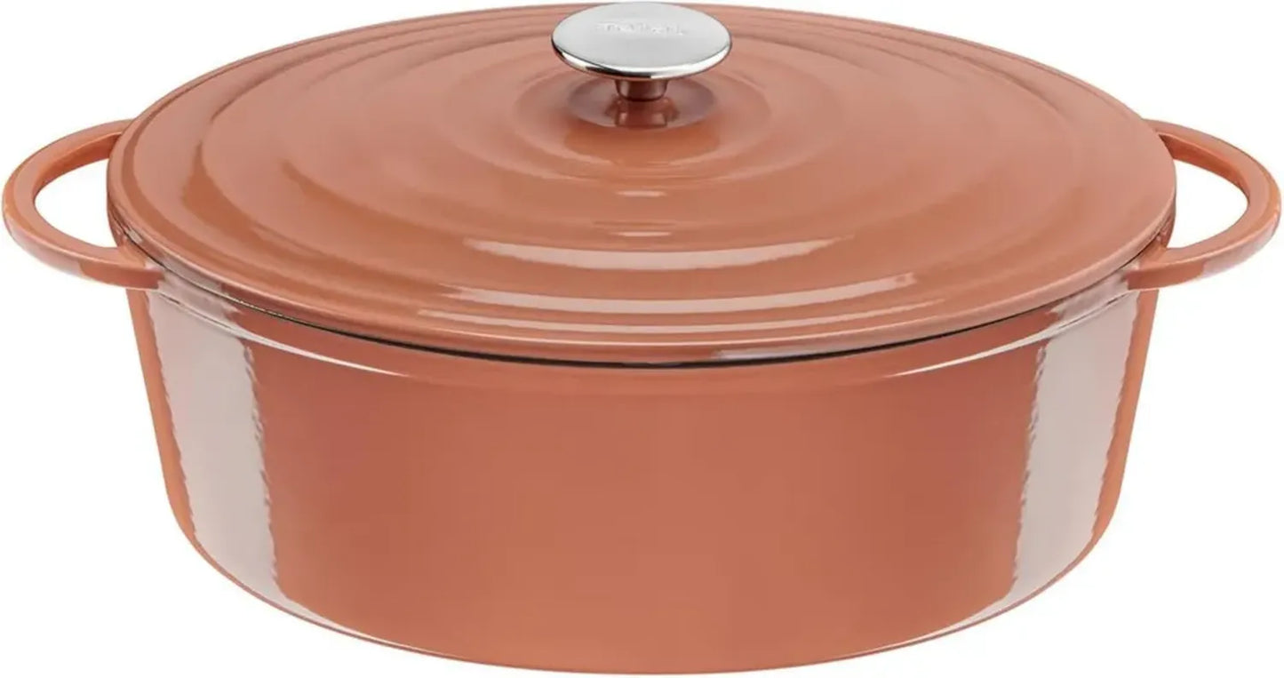 Cocotte ovale Tefal 34x26 cm en fonte d'acier, compatible induction et four, revêtement émaillé, durable et écologique, cuisson saine avec recettes incluses, couleur terracotta