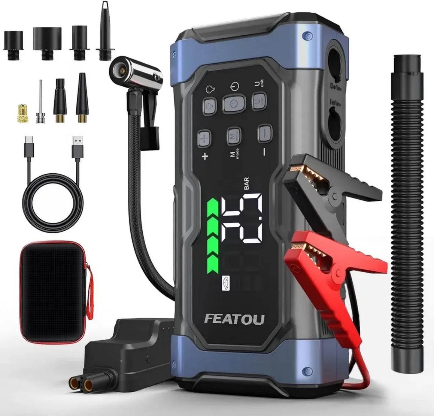 Démarreur de Batterie 7000A avec Compresseur, Compatible Essence et Diesel 12L, Charge Rapide 30W