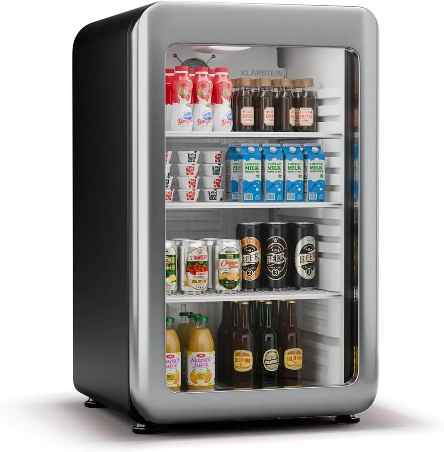Réfrigérateur Rétro Klarstein Audrey Evo 113L - Double Vitrage, Éclairage LED, Thermostat Ajustable, Température 0-10°C, Pieds Réglables, Classe C