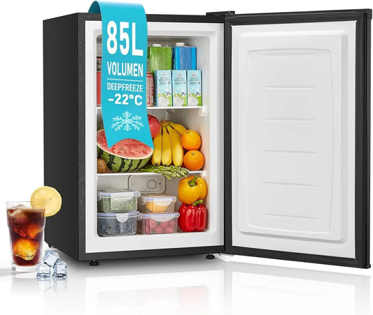 Congélateur 85L FOHERE, 4 Étoiles, Réglage Température 7 Niveaux, 3 Tiroirs Réversibles, Classe Énergétique E, Parfait pour Viandes et Légumes, Silence 43 dB
