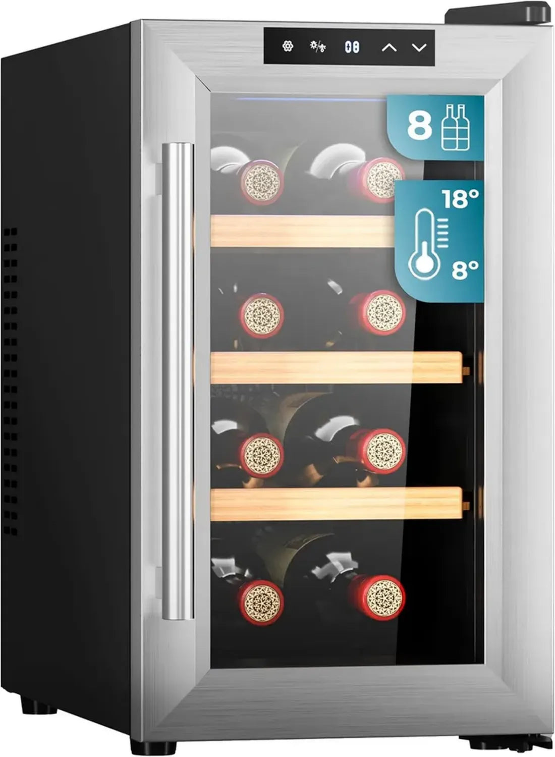 Cave à vin Cecotec pour 8 bouteilles, design élégant en bois, régulation thermique silencieuse, température ajustable 8-18°C, écran tactile