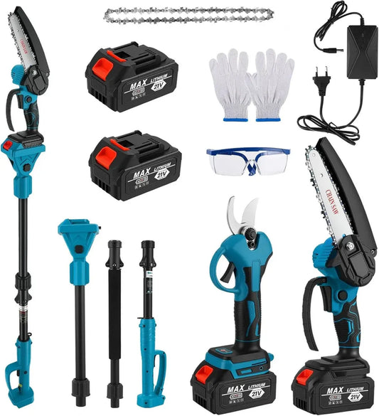 Outil de Jardinage Multifonction 4 en 1 sans Fil avec Perche Réglable, Tronçonneuse et Sécateur Électriques, 2 Batteries Incluses