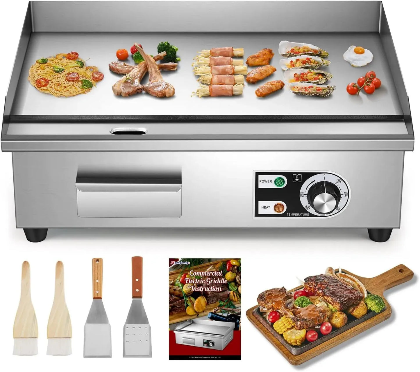 Plancha Électrique Moongiantgo 3000W, Gril Acier Inox Professionnel avec Température Ajustable et Bac à Huile Amovible