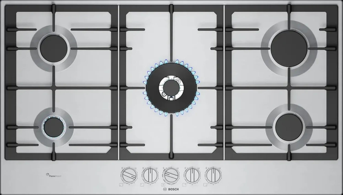 Plaque de Cuisson à Gaz Bosch Serie 6, 90 cm, FlameSelect, Poignées Amovibles, Fonction WOK, Grilles Fonte