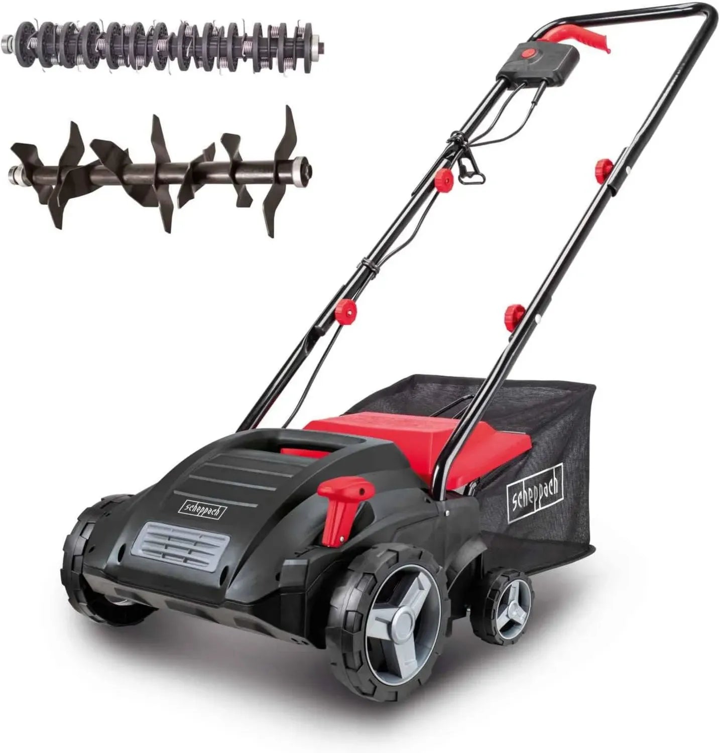 Scarificateur Électrique Scheppach 1500W, Coupe 32cm, Réservoir 30L, 4 Hauteurs, Lames et Griffes Incluses