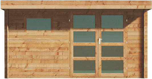 Abri de Jardin en Bois Autoclavé avec Toit Plat 13 m² 28 mm - Modèle CORALIO