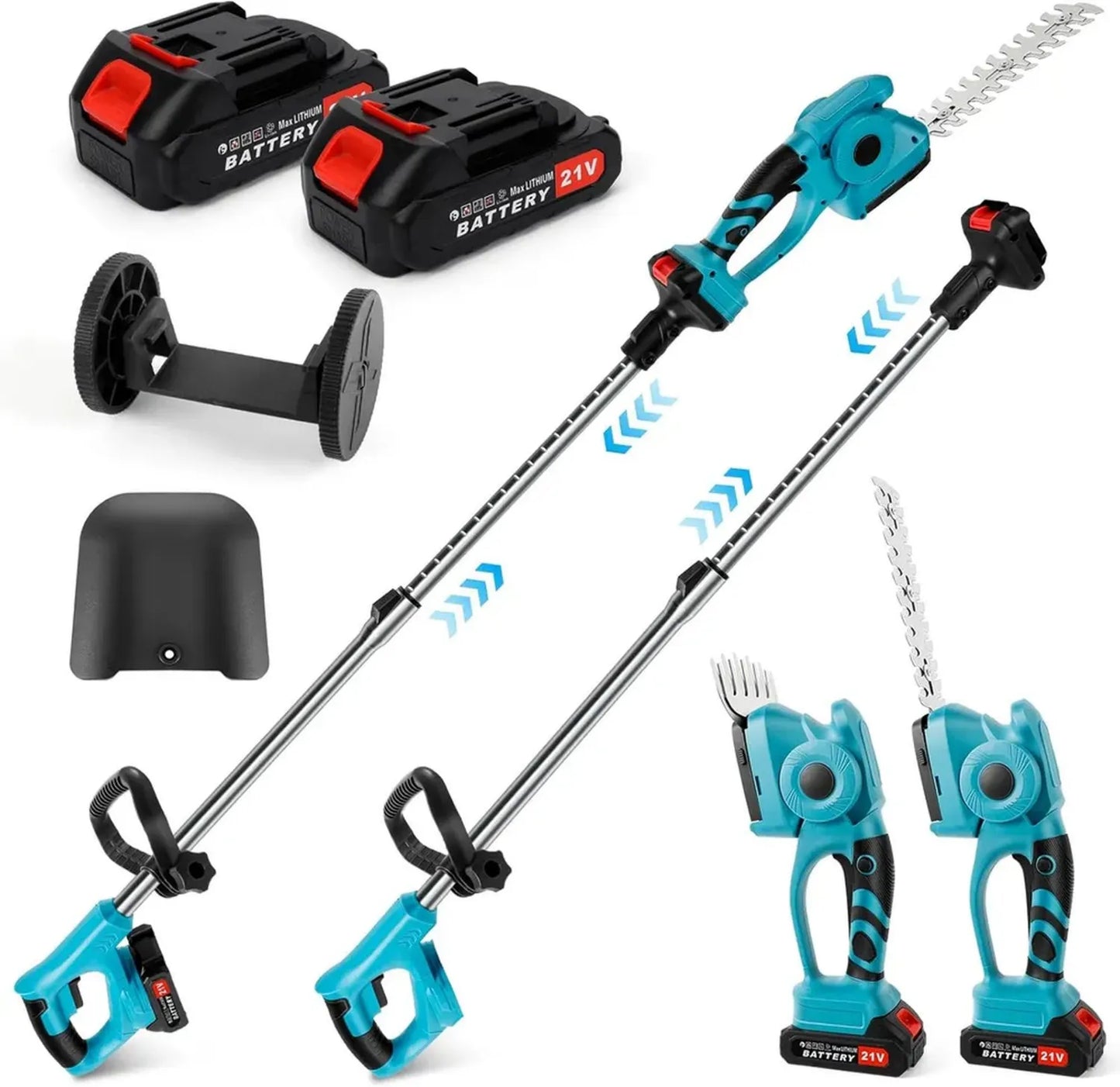 Taille-haie télescopique sans fil 21V 550W, 2 batteries 2000mAh, tête inclinable, lames 220mm et 130mm