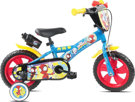Vélo 12 Pouces Spidey et Ses Amis - Acier Robuste - Frein Avant - Pneus EVA Anti-crevaison - Roues à Bâtons - Stabilisateurs Inclus - Protection Garde-Boue et Chaîne - Porte-bidon