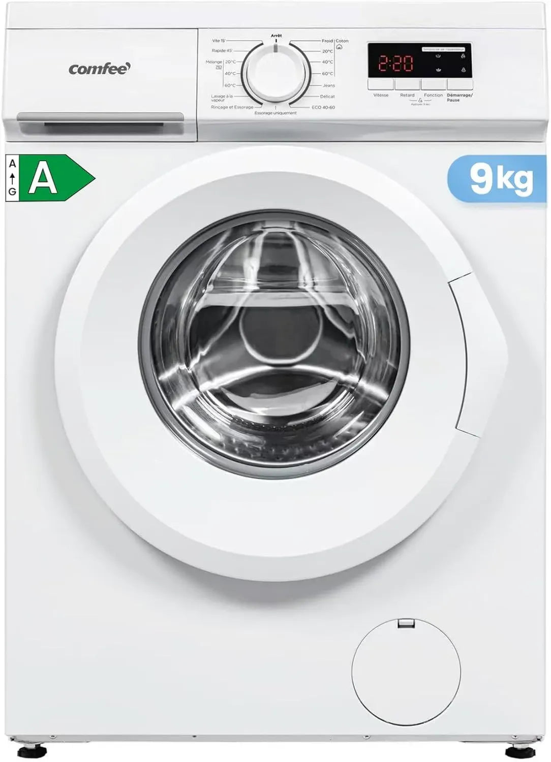 COMFEE' Lave-linge Frontal 9KG, Classe A, 1400 tr/min, 15 Programmes, Blanc