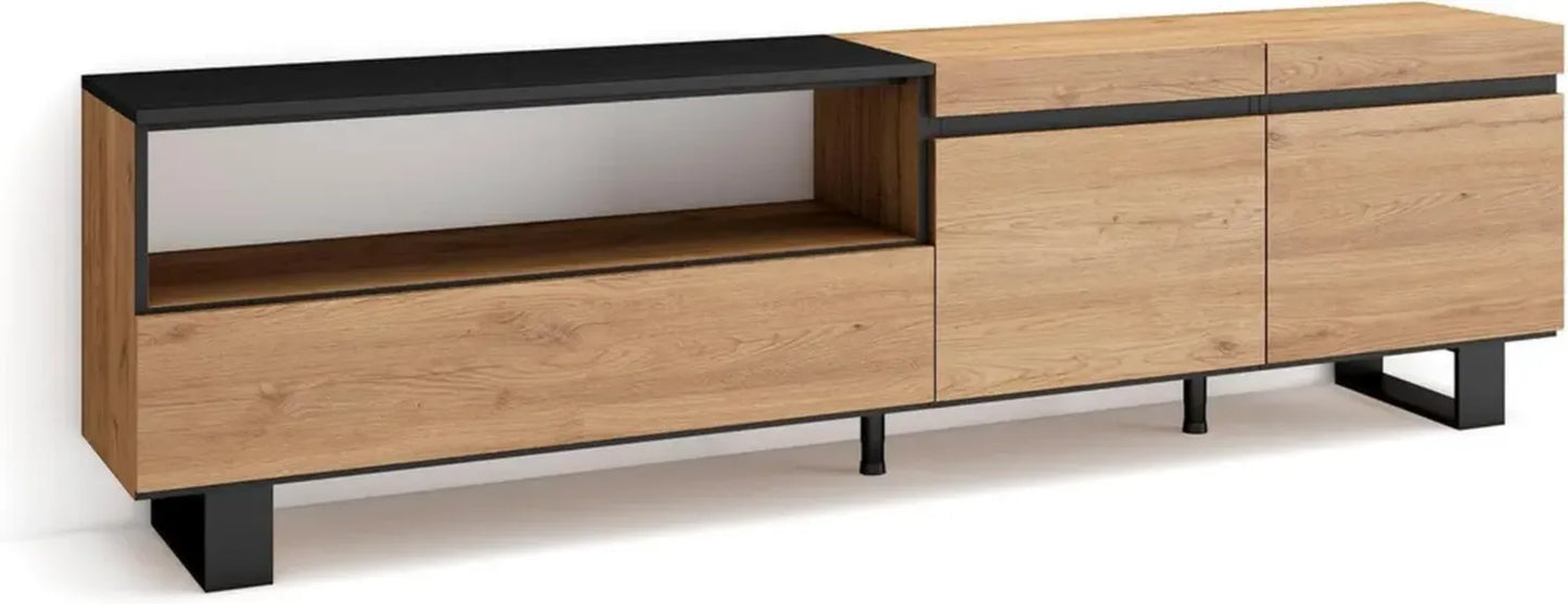 Meuble TV Industriel Chêne Noir 200cm pour Écrans jusqu'à 80 Pouces