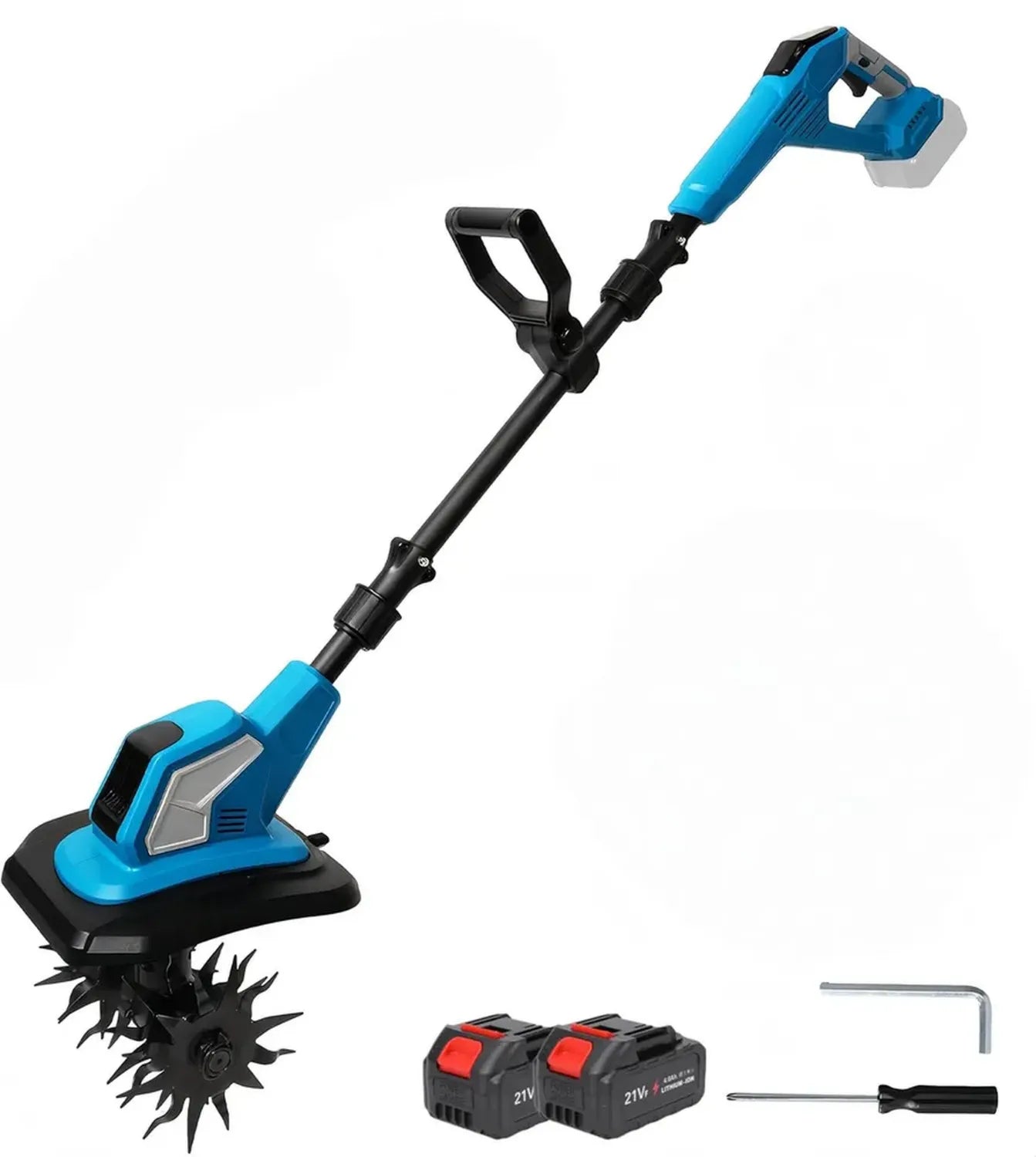 Motobineuse Électrique 600W sans Fil avec Lames Doubles, Largeur 17 cm, Profondeur 24 cm, Tige Ajustable, 2 Batteries Incluses