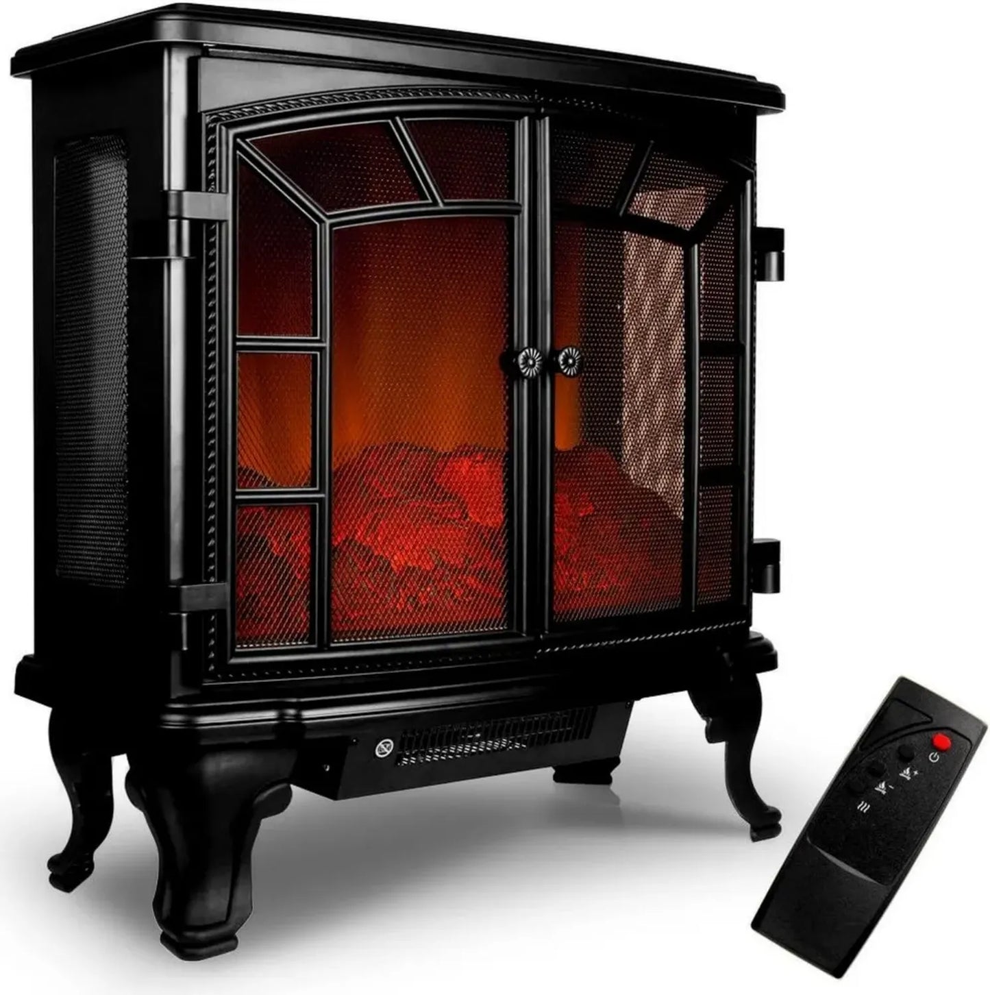 Cheminée Électrique DEUBA® 2000W avec Effet Flamme LED et Double Porte - Chauffage à 2 Niveaux avec Minuteur - Noir