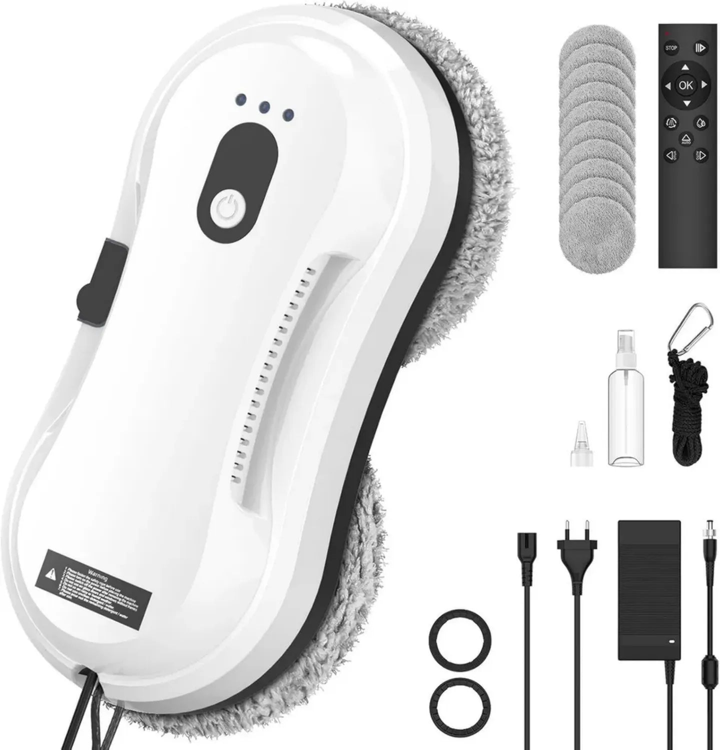 Lave-vitre Robotisé avec Pulvérisation, 5600Pa - 3 Modes, Sécurité Intelligente, Télécommande et Chiffons Inclus