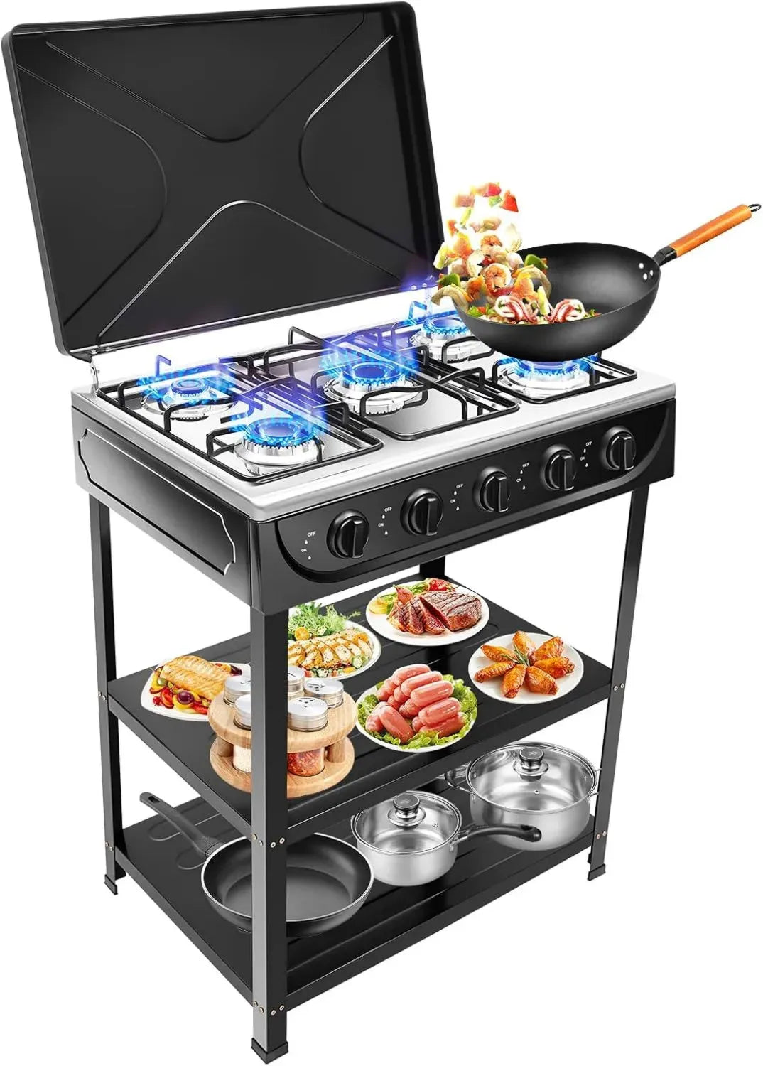 Grill à Gaz 5 Feux avec Couvercle - Feux Indépendants Ajustables - Station Barbecue avec Réchaud - Noir