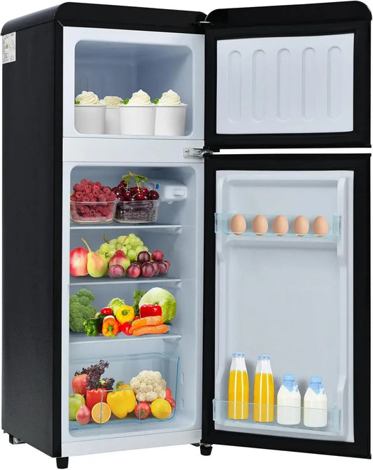 Réfrigérateur Rétro pour Appartement avec Congélateur Supérieur - 92L, 2 Portes, Étagères Réglables, Bac à Légumes, Noir