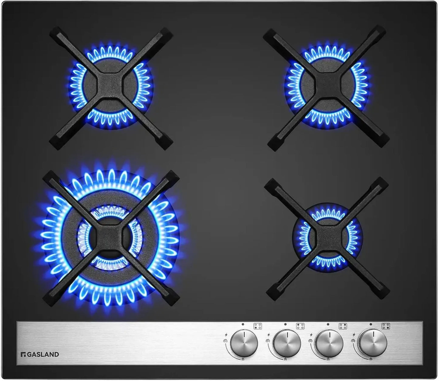Plaque de cuisson à gaz en verre noir 60 cm, 4 brûleurs avec wok, compatible butane et gaz naturel