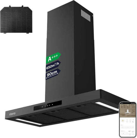 Hotte Ciarra 90cm Silence A+++ 650m³/h - 4 Vitesses avec Boost - Commande Tactile Wi-Fi - Filtre Charbon - Design Arrondi - CBCB9102-P