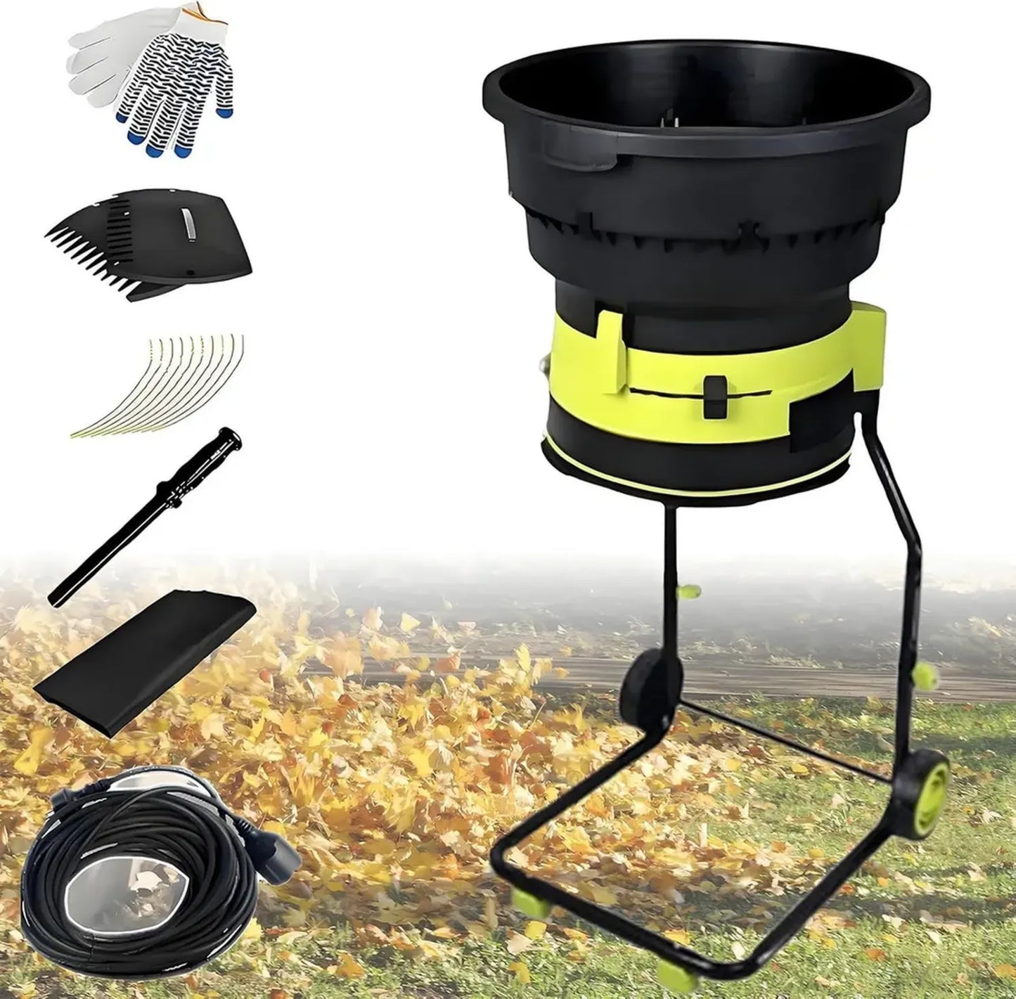 Broyeur électrique de jardin avec roues, coupe ajustable pour compostage et nettoyage, sac inclus