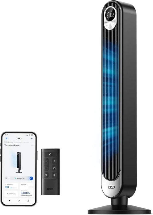 Ventilateur Tour Silencieux Dreo avec Contrôle Vocal, Puissance 8,53 m/s, Hauteur 106 cm, Télécommande, 9 Vitesses et 4 Modes, Minuterie 12H, Oscillation 90°
