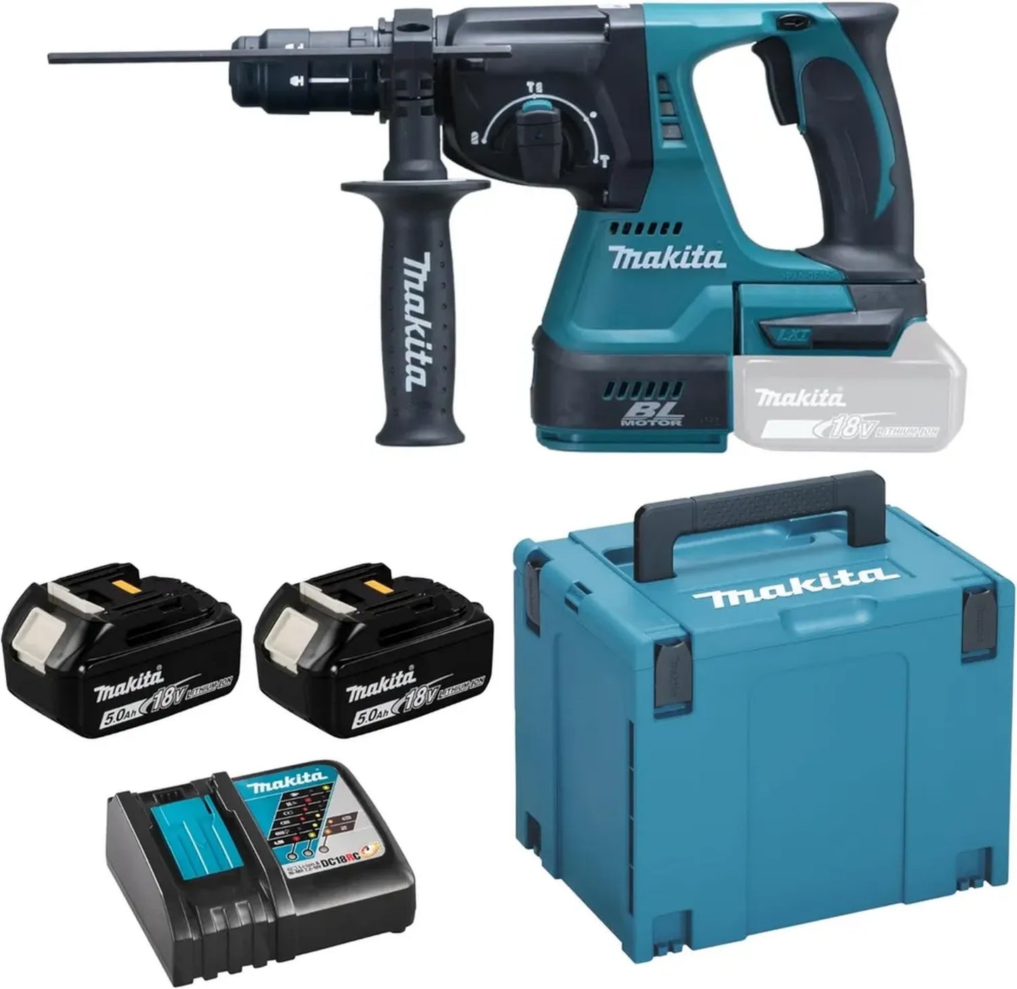 Perforateur SDS-Plus Makita 18V Li-Ion, 24mm, 3.4kg, 2J, avec 2 batteries 5.0Ah et chargeur